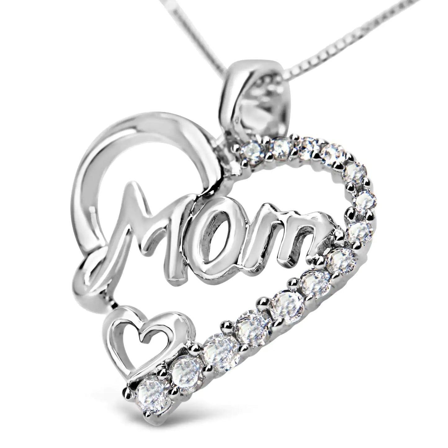 .925 Silver heart necklace with 'Mom' in cursive and diamond accents, perfect gift for Mother's Day.