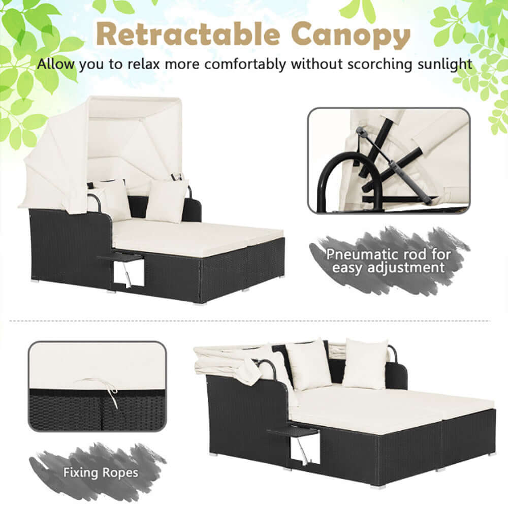 Patio rattan daybed with retractable canopy, featuring pneumatic rod for easy adjustment, ideal for outdoor relaxation.