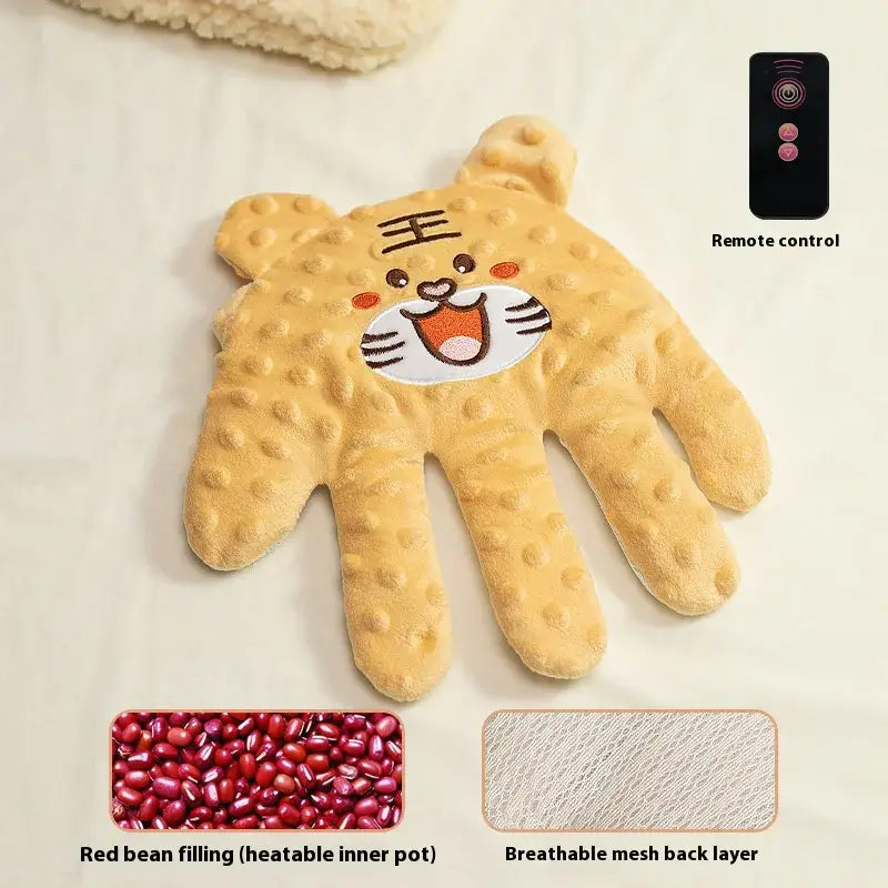 Cute lion paw-shaped warming pad with red bean filling, featuring a breathable mesh back and remote control for comfort.