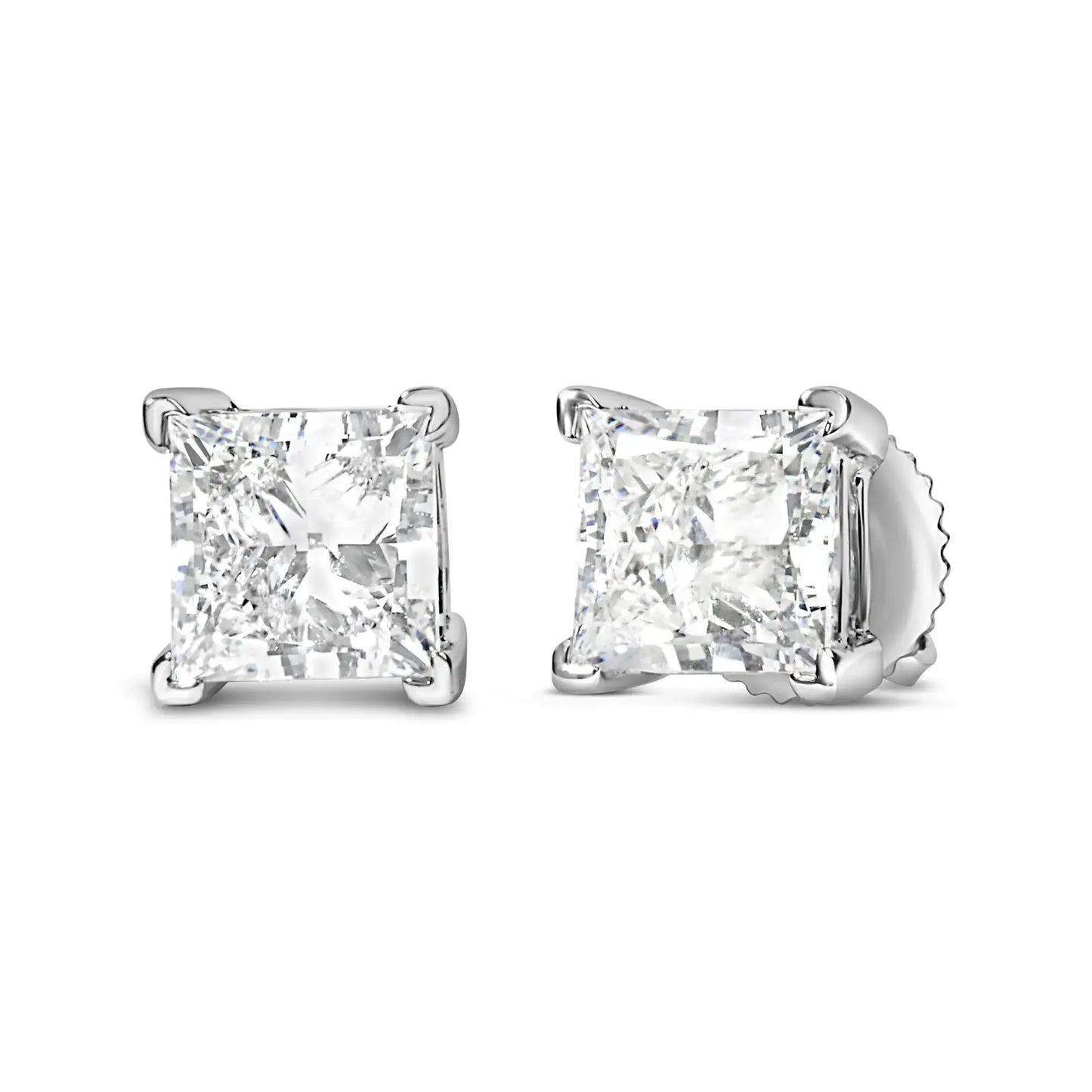 14K white gold princess cut lab-grown diamond solitaire stud earrings in F-G color and VS2-SI1 clarity.