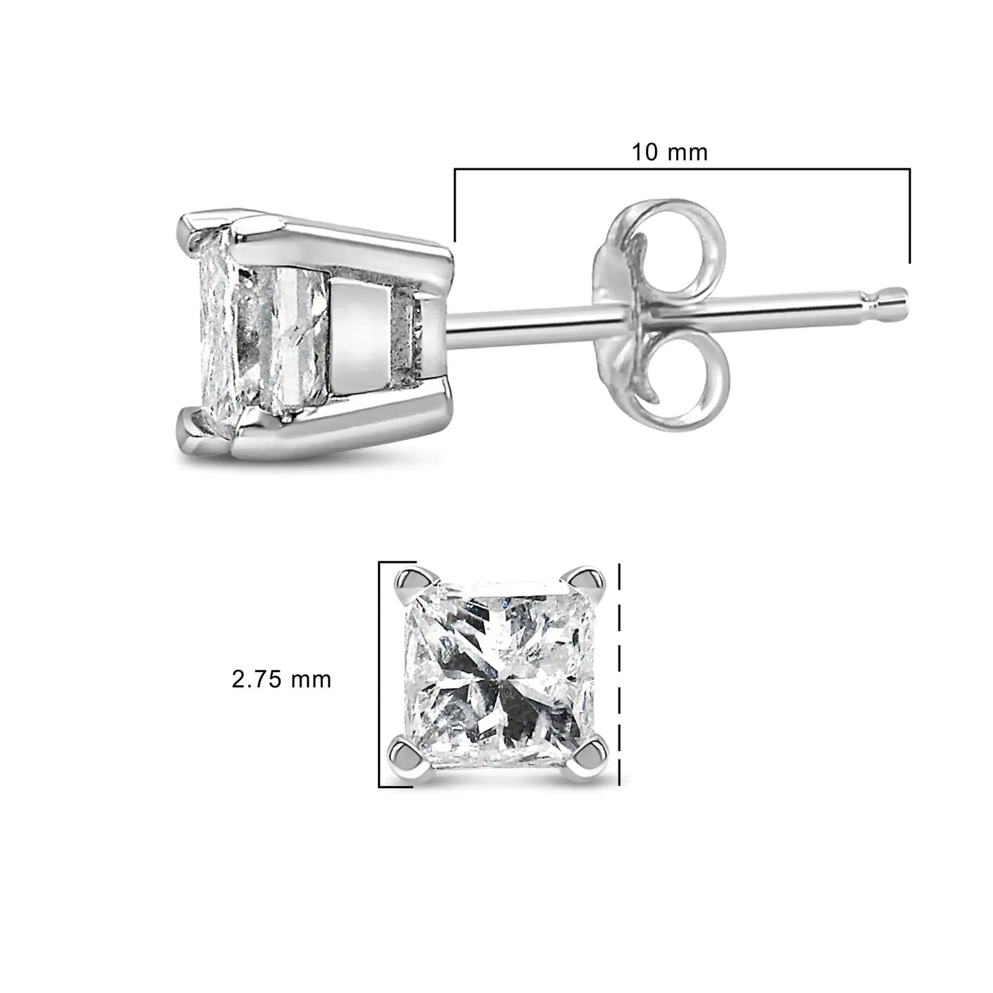 14K white gold princess cut lab-grown diamond stud earrings with measurements.