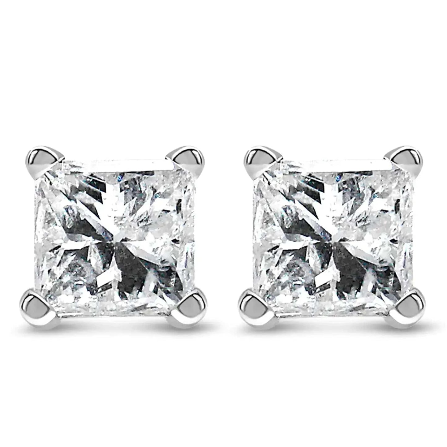 14K white gold princess cut diamond solitaire stud earrings showcasing F-G color and VS2-SI1 clarity.