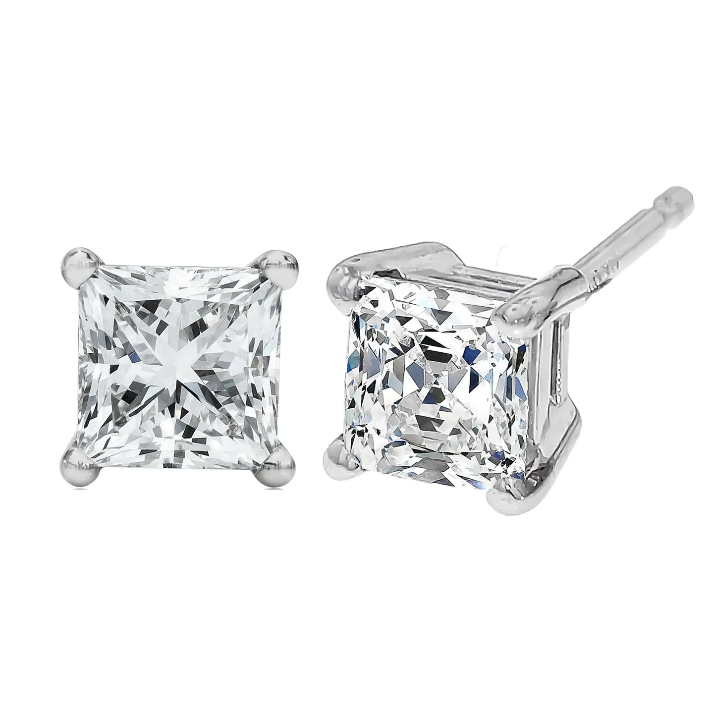 14K white gold princess cut lab-grown diamond solitaire stud earrings showcasing F-G color and VS2-SI1 clarity.