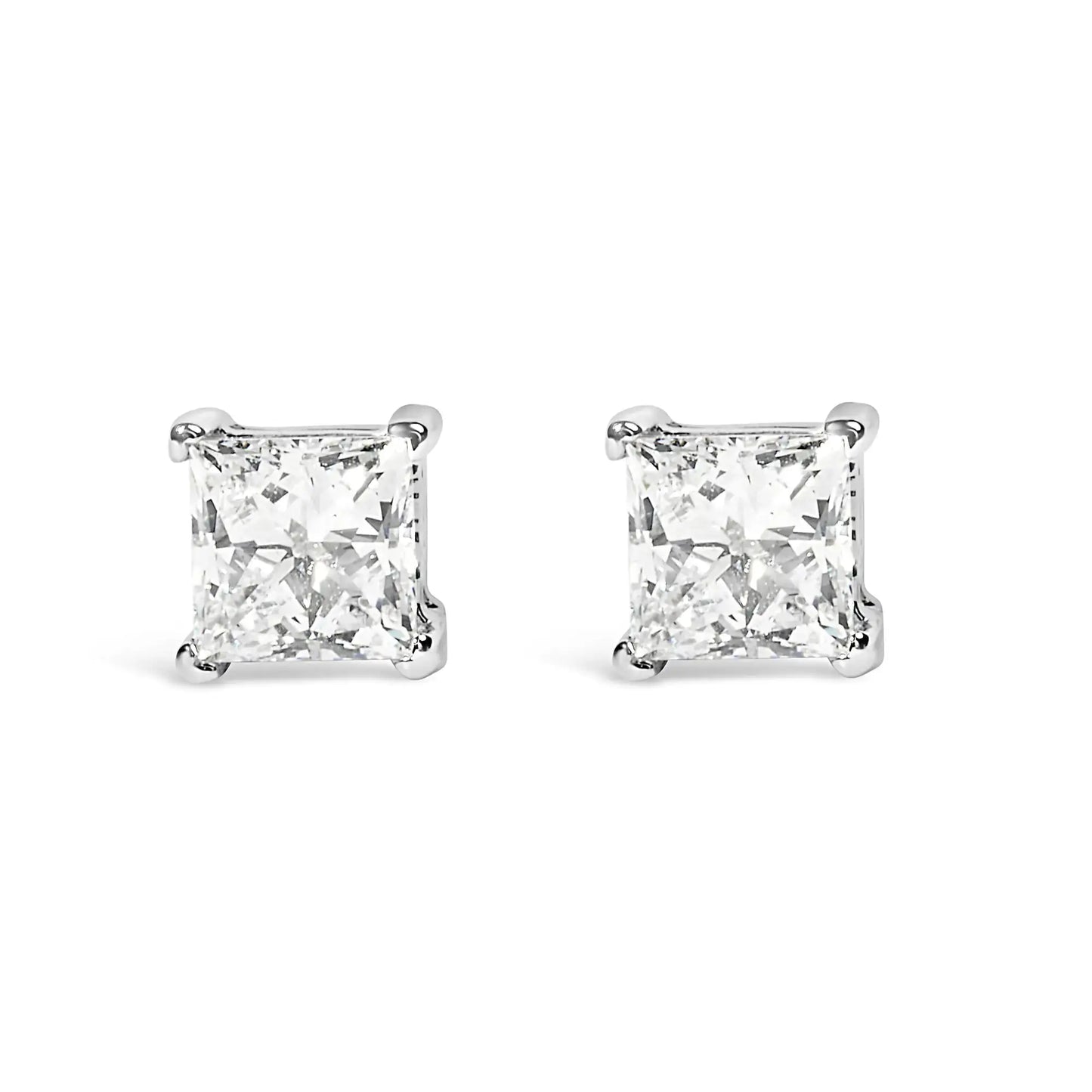 14K white gold lab-grown diamond solitaire stud earrings with princess cut, F-G color, VS2-SI1 clarity.