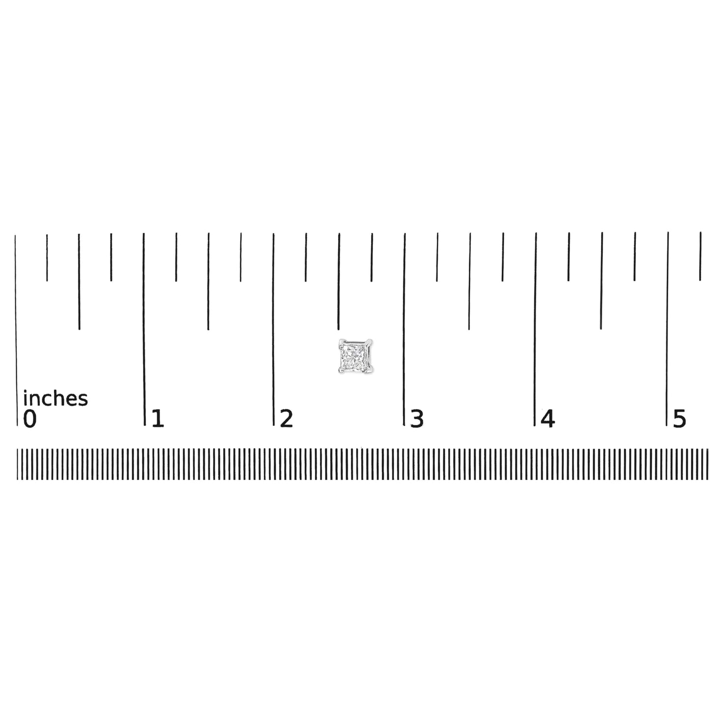 Size reference image of a princess cut lab-grown diamond next to a ruler in inches.