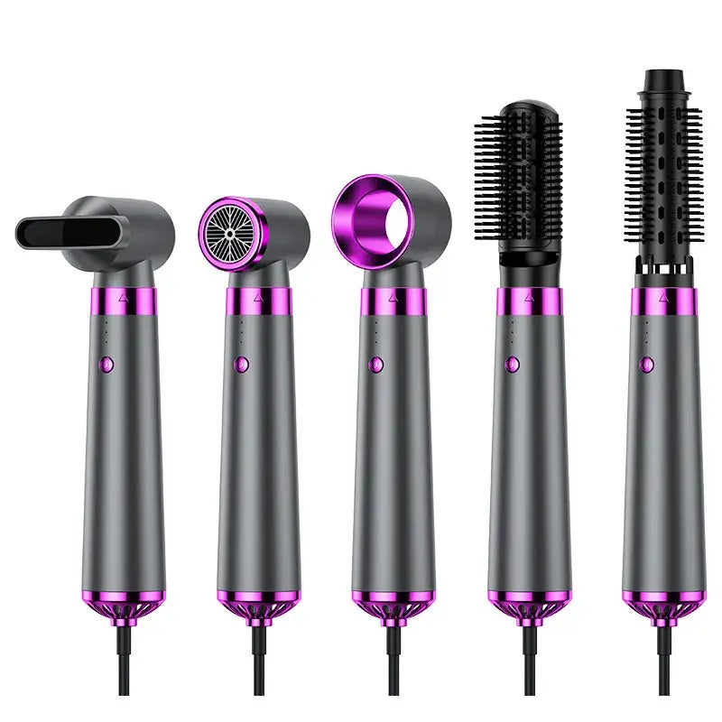 Five-in-one hair styling tool featuring dryer, curling iron, and volumizing attachments in sleek gray and pink design.