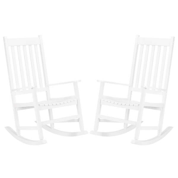 Pair of white wooden rocking chairs, perfect for outdoor settings like porches or backyards, offering a classic design.