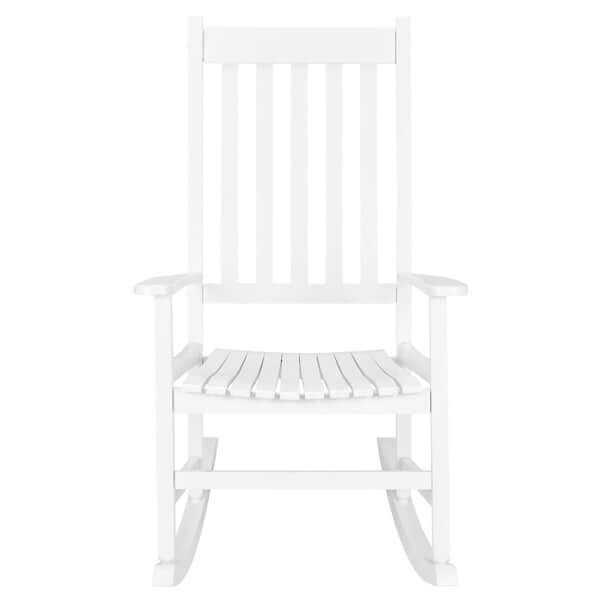 White wooden rocking chair with a classic design, perfect for outdoor settings like backyards and porches.