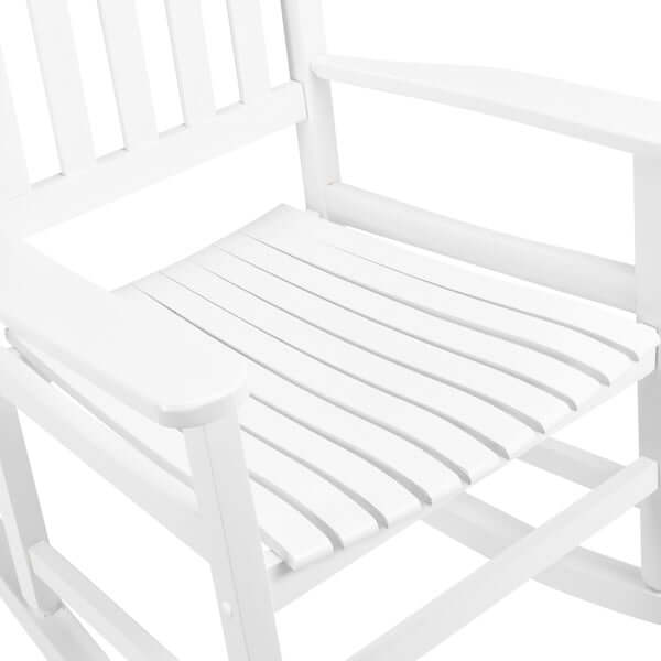 Close-up of the slatted seat of a white wooden rocking chair, showcasing its classic design and comfortable build.