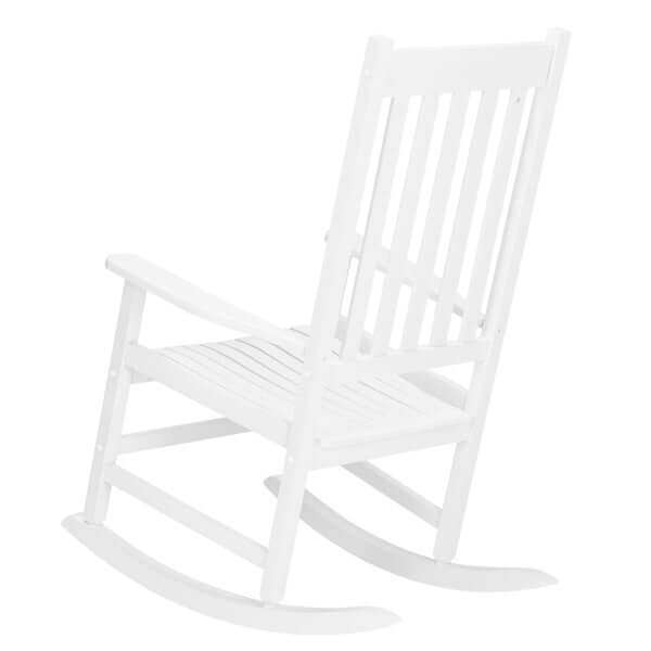 White wooden rocking chair designed for outdoor settings, ideal for porches and backyards, offering a classic and relaxing style.