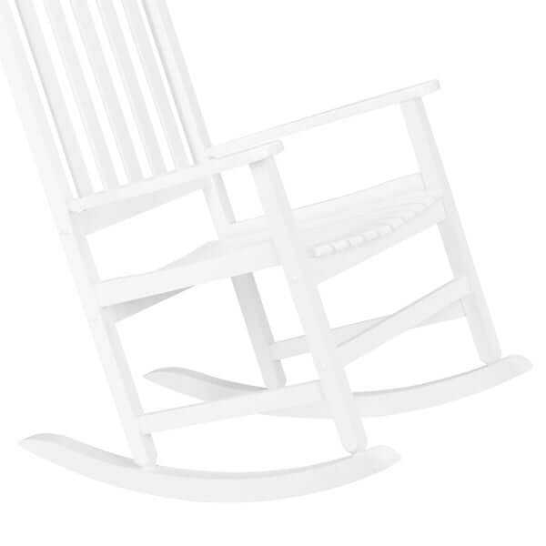 White wooden rocking chair with classic design, perfect for outdoor relaxation and enjoyment on a sunny day.