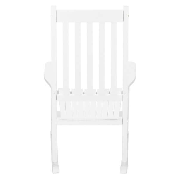 White wooden rocking chair designed for outdoor relaxation and comfort on the porch or backyard.