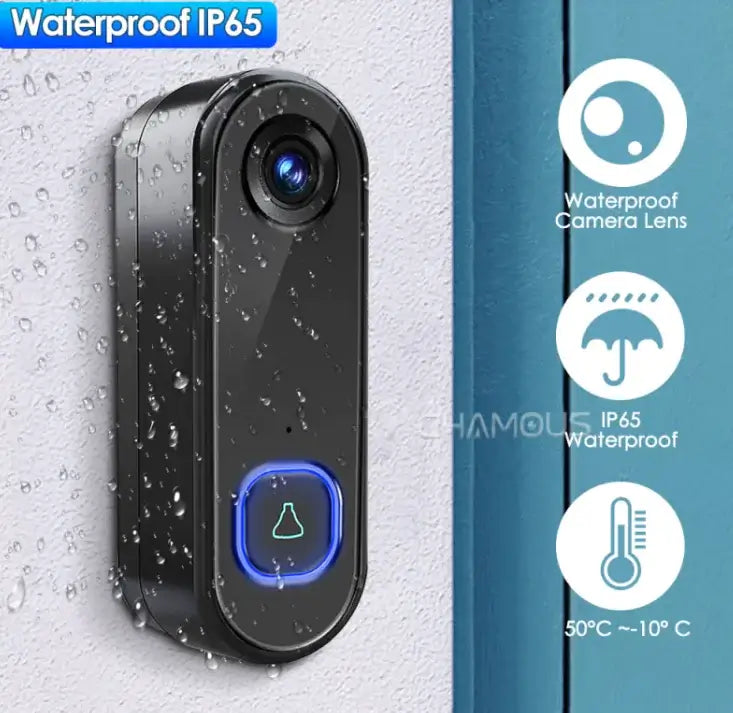 Waterproof IP65 smart doorbell with camera lens, designed for all weather conditions.
