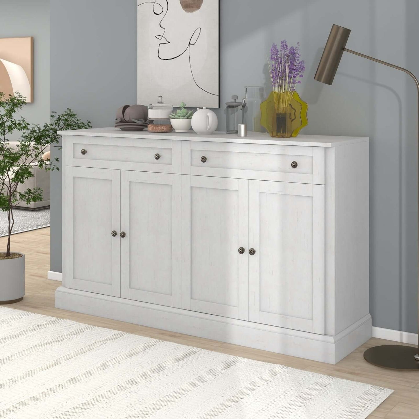TREXM antique white kitchen sideboard buffet with 2 drawers, 4 doors, and adjustable shelves in modern living room.