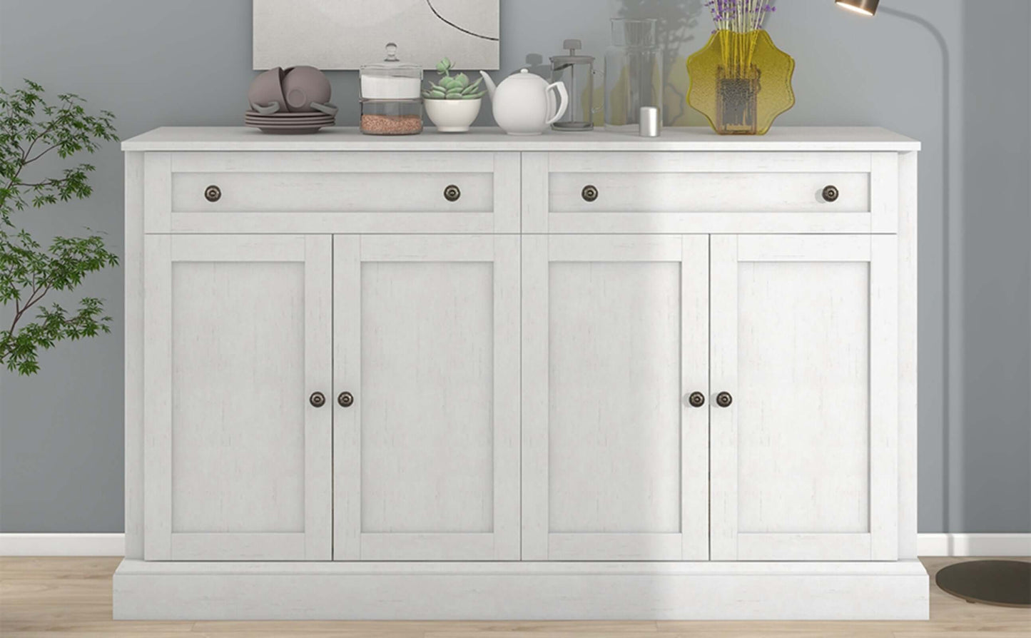 TREXM antique white kitchen sideboard buffet with 2 drawers and 4 doors, adjustable shelves for dining or living room.