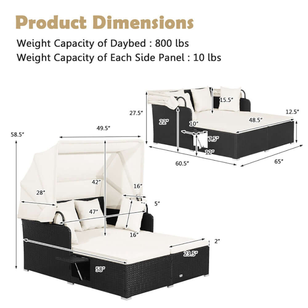 Patio rattan daybed dimensions highlighting weight capacity, convertible canopy, and side panels for outdoor relaxation.