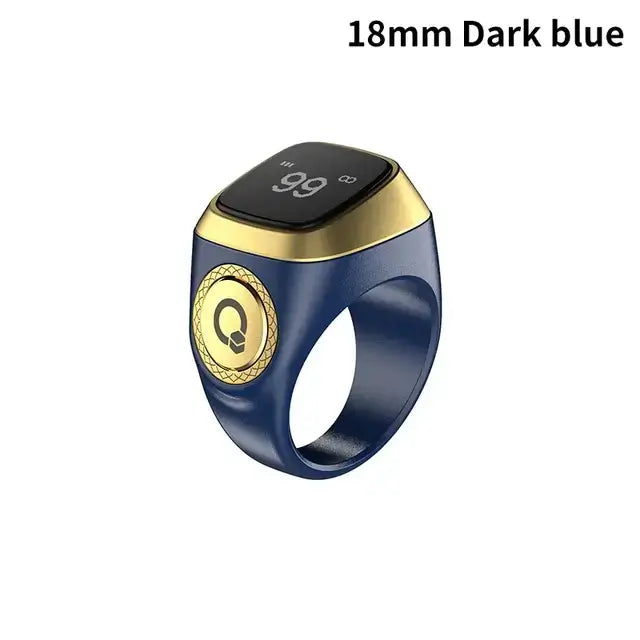 Digital Dhikr Smart Ring in dark blue, 18mm size, featuring a sleek design and stylish gold accents.