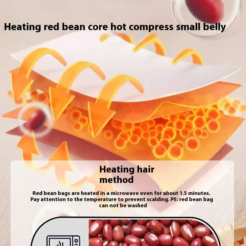 Red bean core hot compress for belly relief, showing heating method and usage instructions.