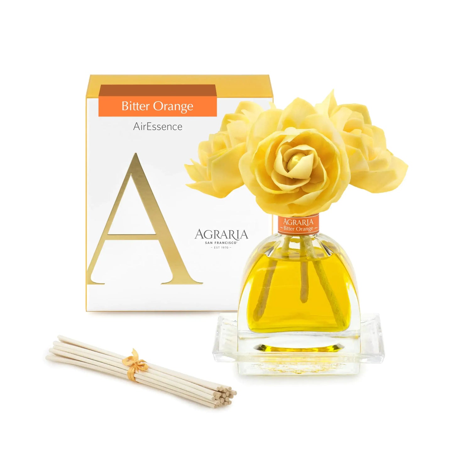Agraria Botanical Reed Diffuser Set with sola flowers and Bitter Orange aroma in a luxury packaging.