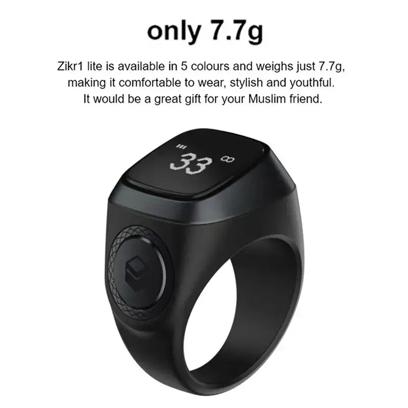 Zikr1 Lite smart tasbih ring in black, weighing only 7.7g, showcasing a sleek design and LED display.