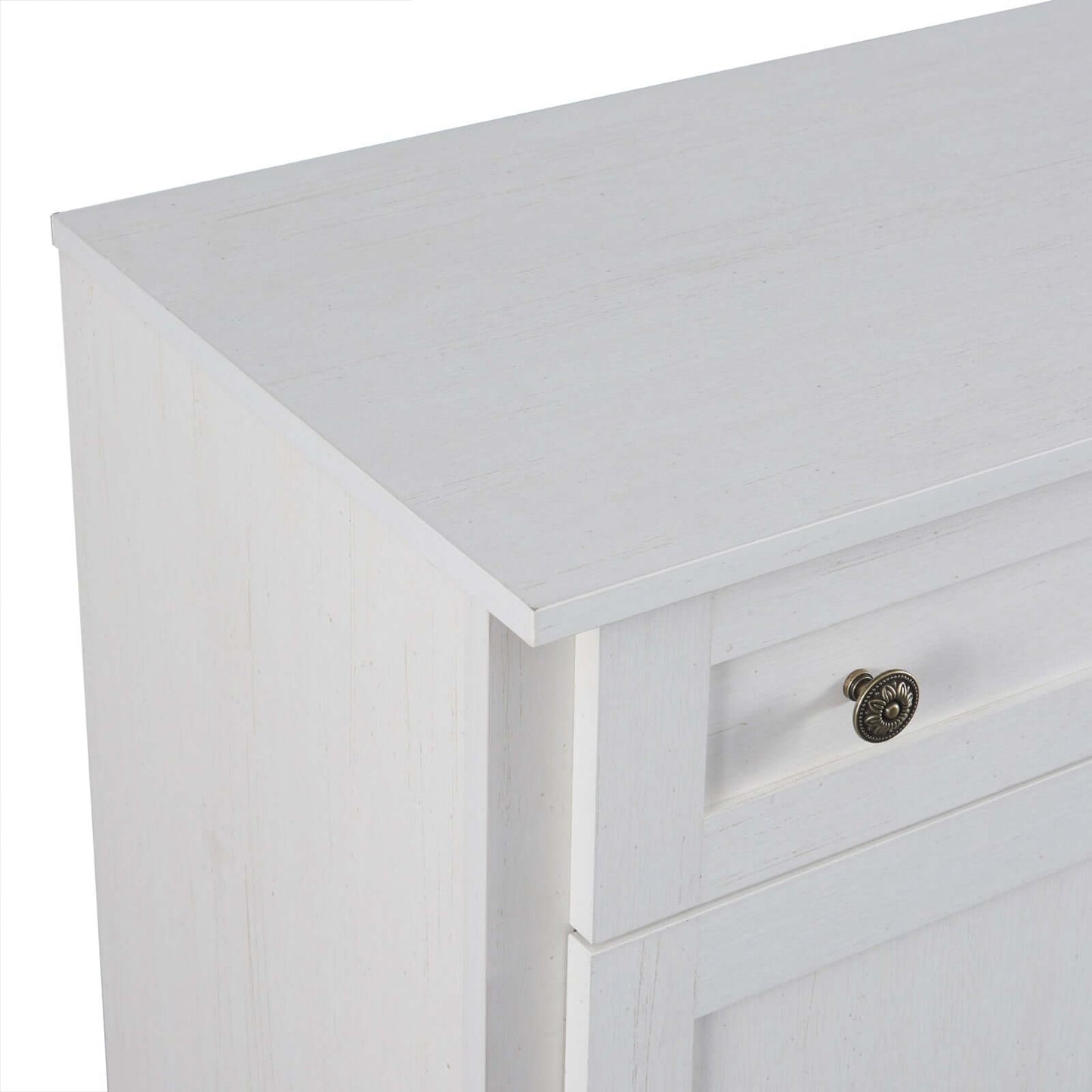 TREXM antique white kitchen sideboard top view with drawer details and classic knob hardware.