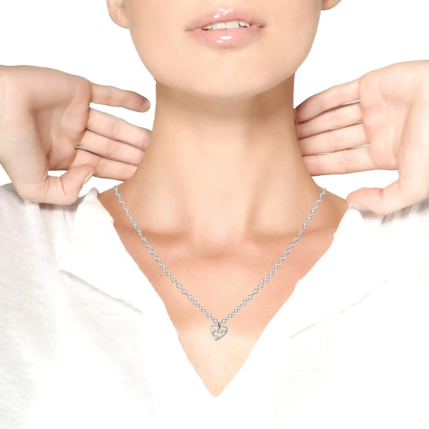 .925 Silver Heart Necklace with Diamonds worn by a woman, showcasing elegant jewelry for mom.