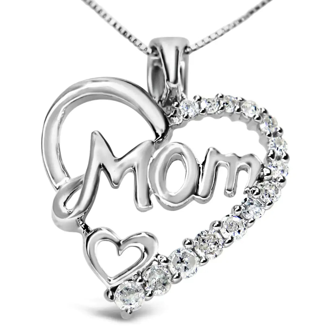 .925 silver heart necklace with 'Mom' script and white diamonds, perfect gift for Mother's Day or special occasions.