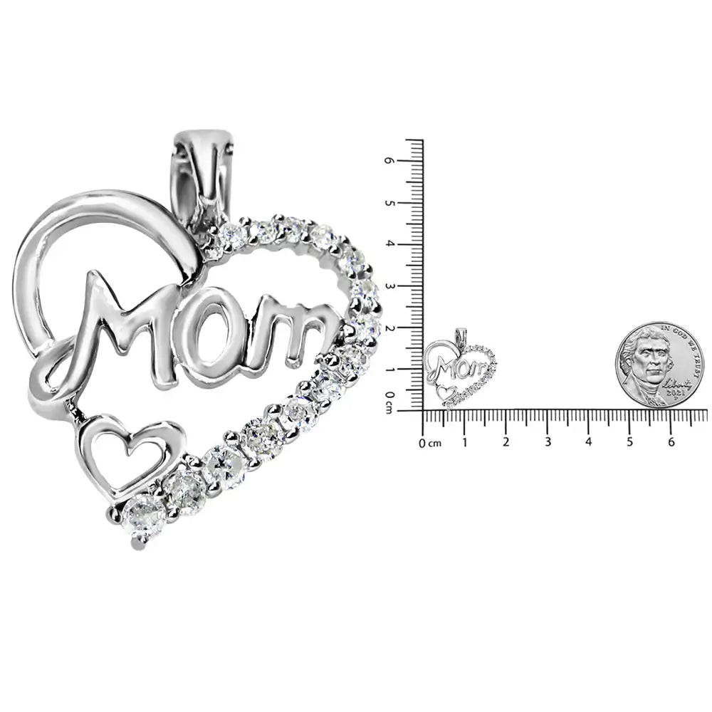 .925 Silver heart necklace with 'Mom' in cursive and sparkling diamonds, perfect gift for Mother's Day.