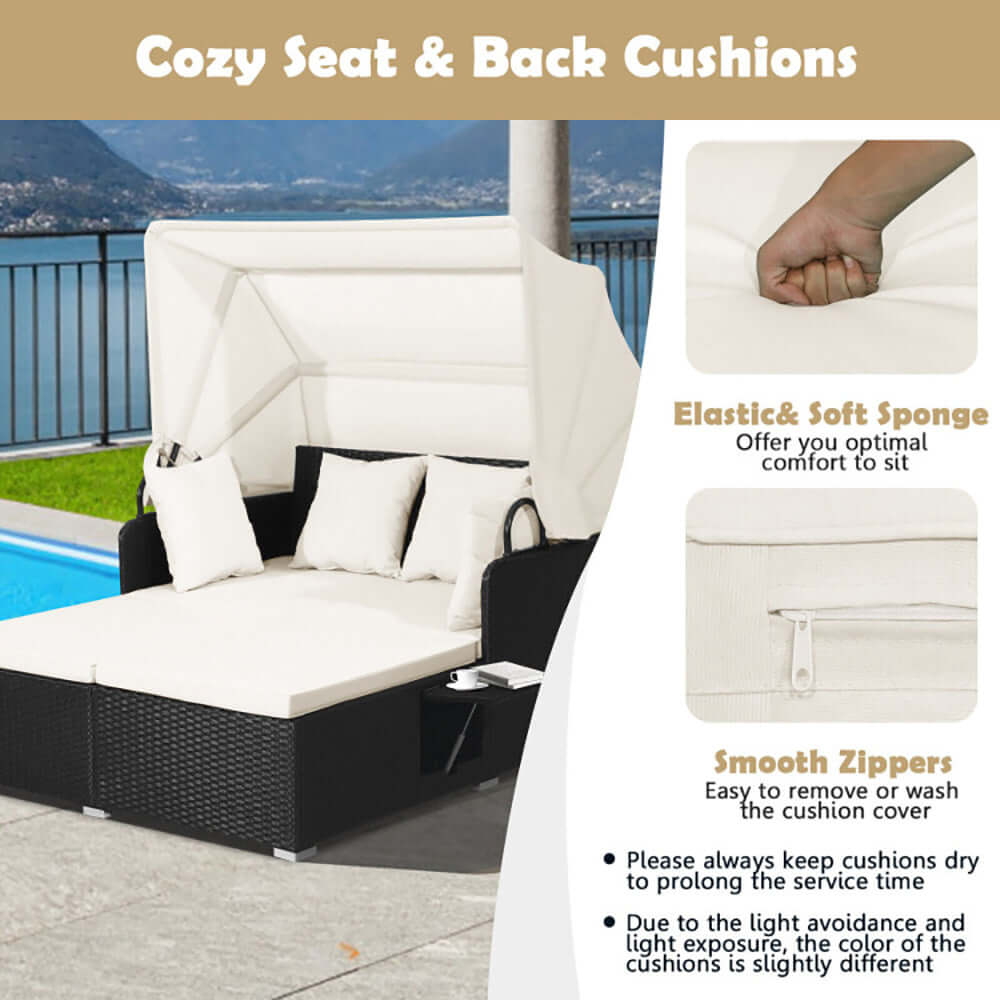 Cozy seat and back cushions of patio rattan daybed, featuring soft sponge and smooth zippers for comfort and easy maintenance.