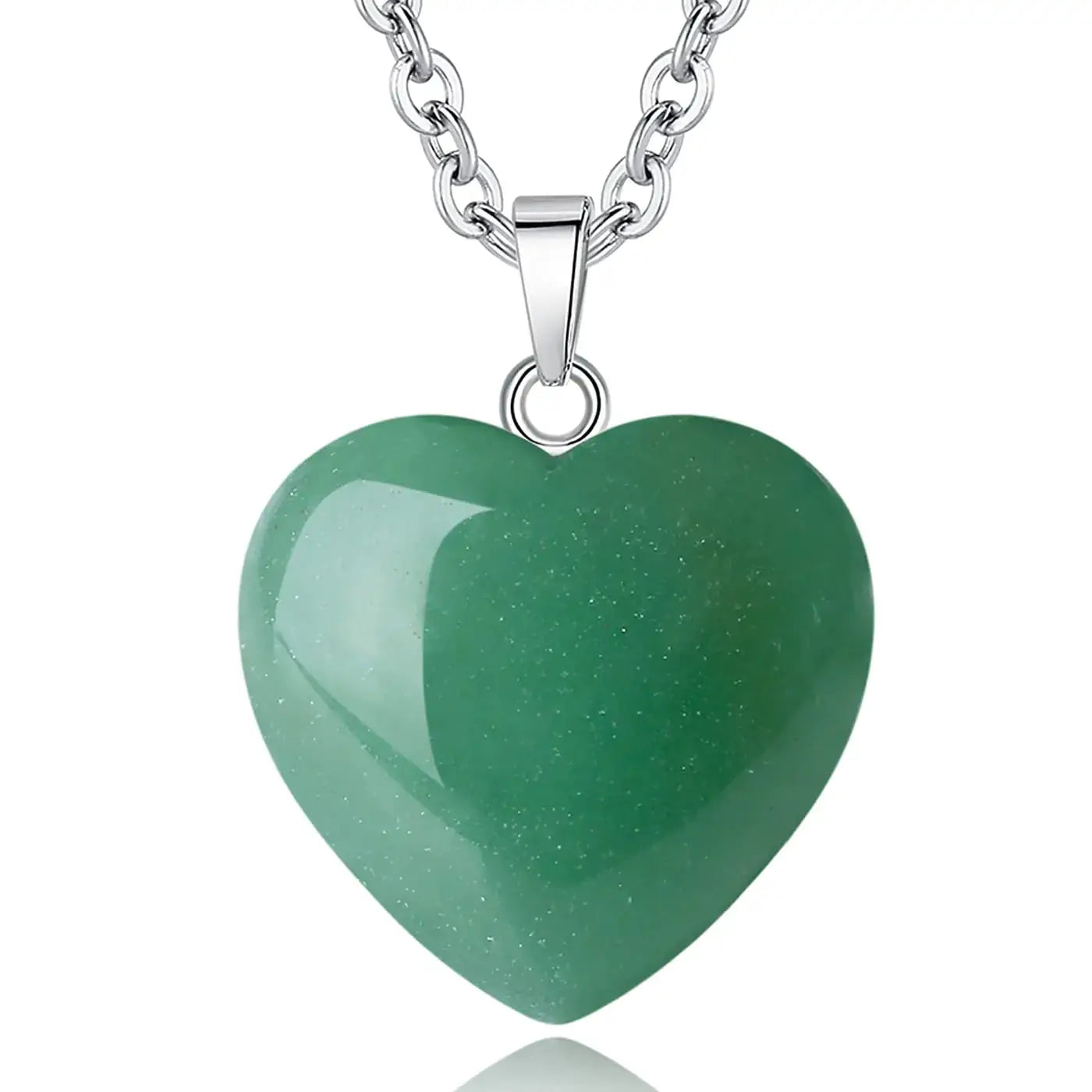 Green Aventurine heart-shaped crystal necklace on a silver chain, ideal for Reiki energy and healing.