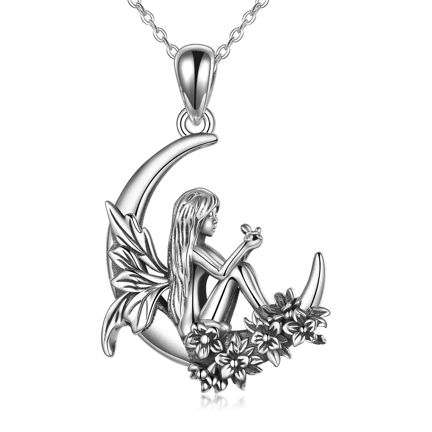 Silver Moon Fairy Pendant Necklace with delicate fairy, moon, and floral details, crafted from 925 sterling silver.