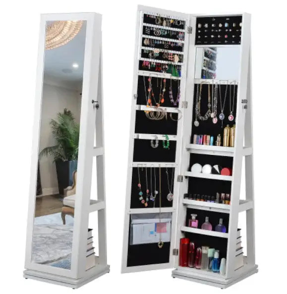 Swivel Jewelry Showcase Mirror featuring 360-degree rotation and ample storage for jewelry and cosmetics.