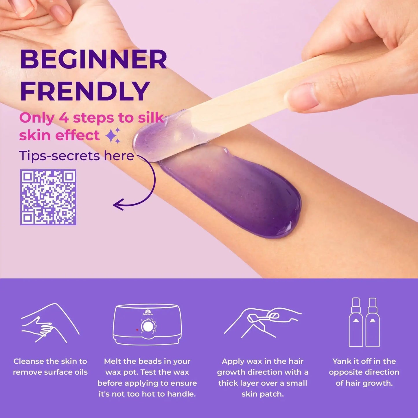 Step-by-step guide for using Lavender Bliss hard wax beads for smooth hair removal on the arm.