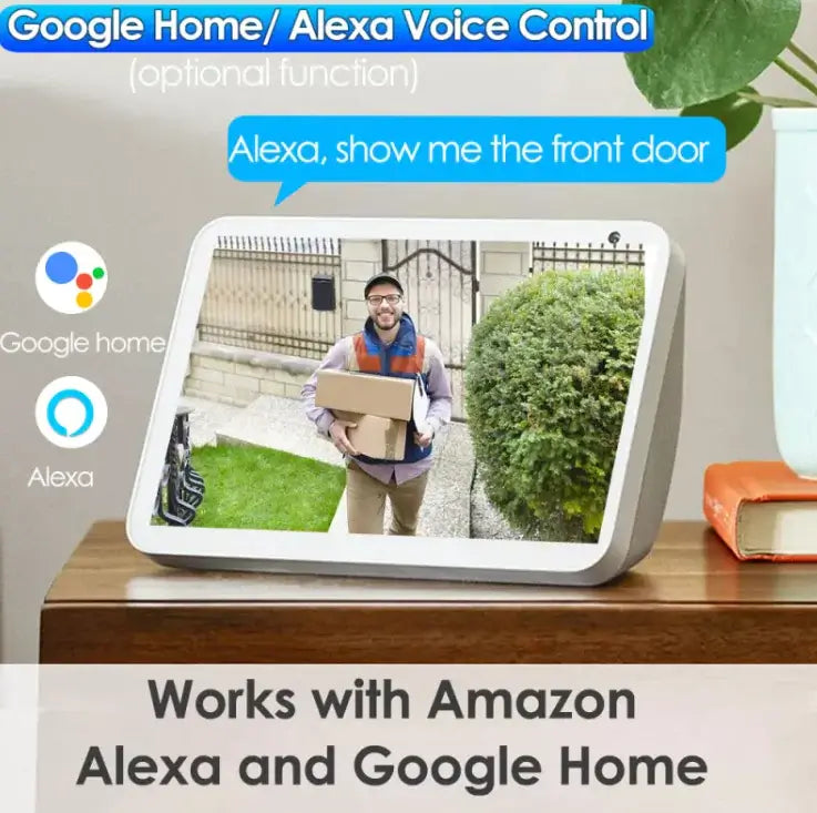 SmartLink doorbell screen showing visitor, compatible with Alexa and Google Home voice control.