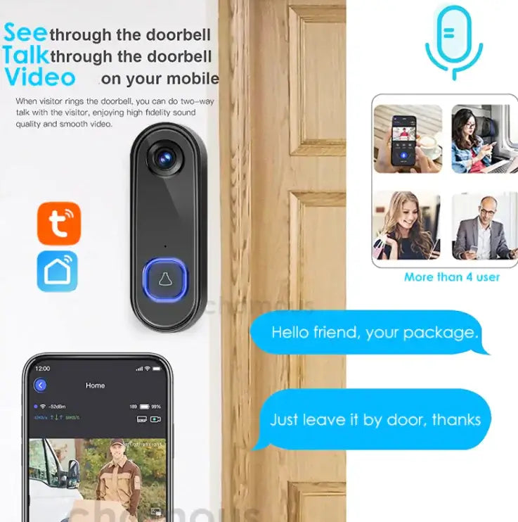 SmartLink Home Phone Doorbell with mobile video and audio features, showing interaction with visitors at home.