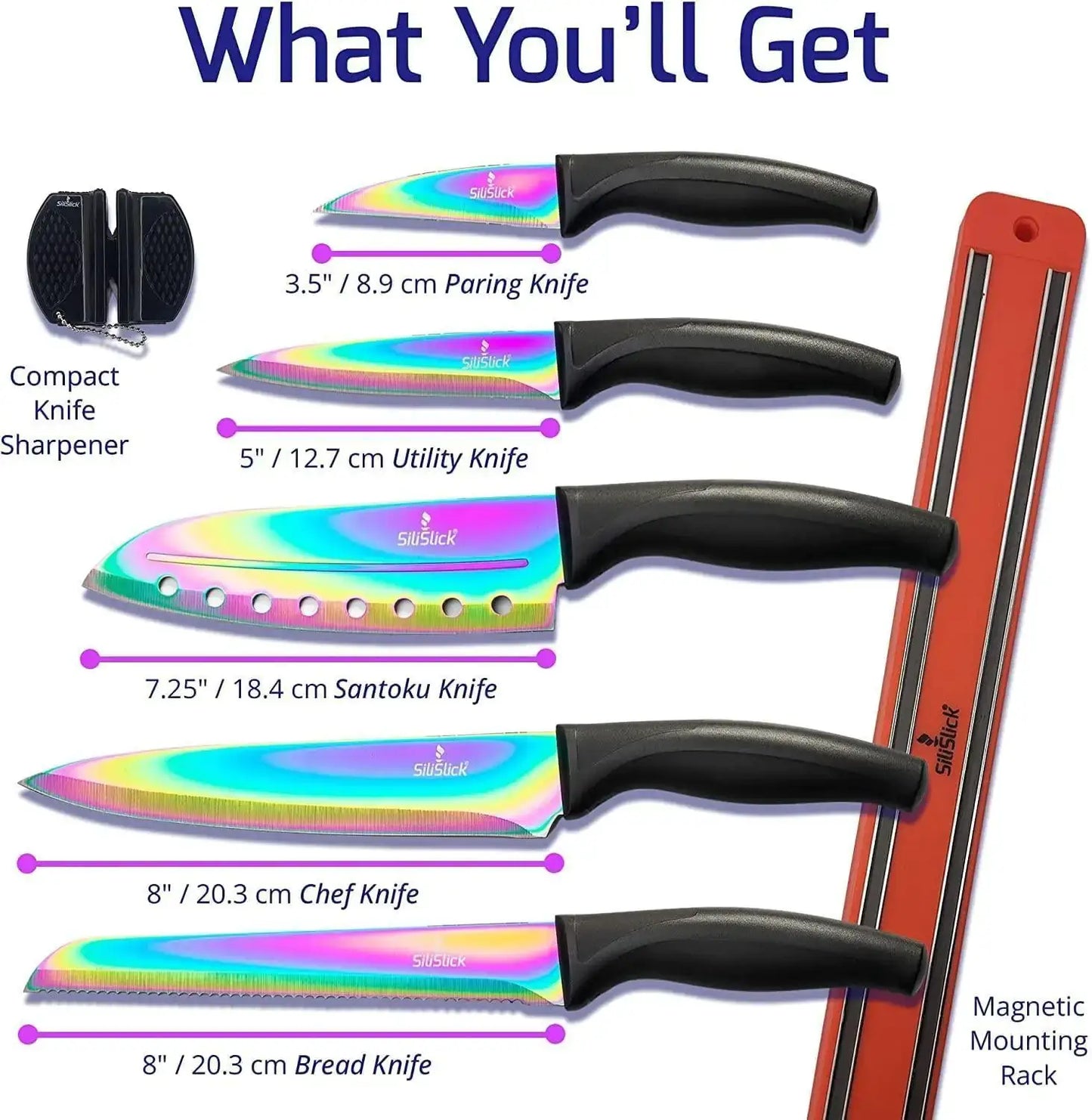 Colorful 5-piece kitchen knife set including paring, utility, Santoku, chef, and bread knives with a sharpener.