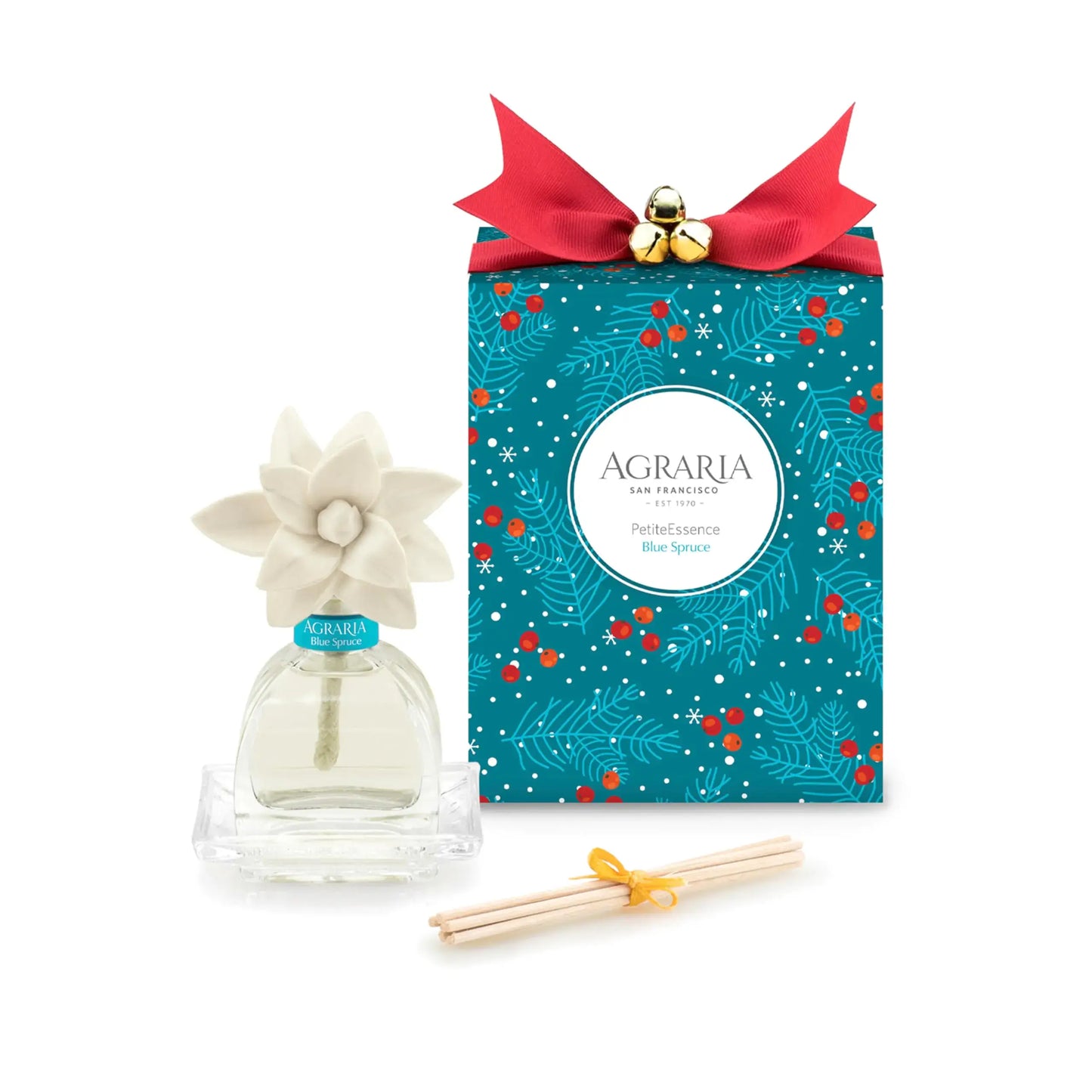 Agraria Botanical Reed Diffuser Set with sola flower, fragrance oil, and decorative holiday packaging.