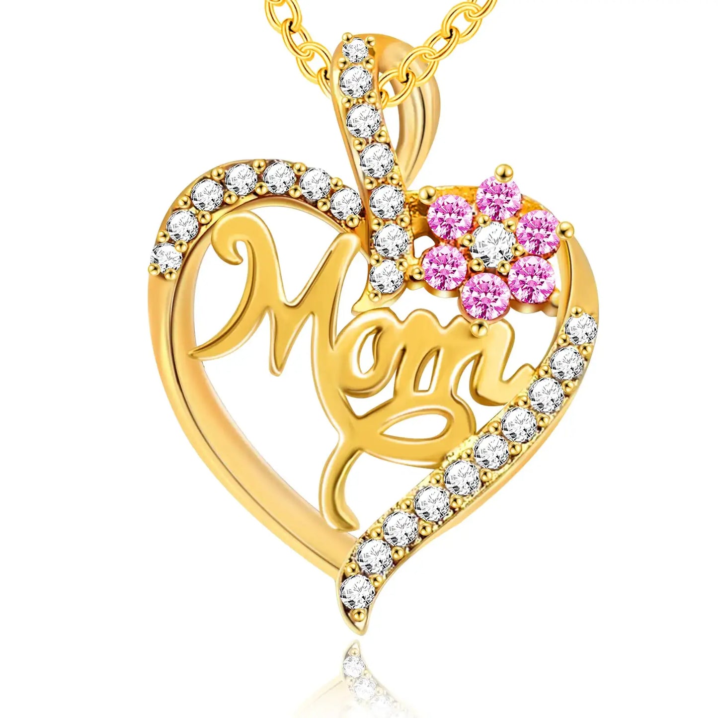 Love heart Mom pendant necklace with rhinestones, gold finish, and pink flower design, perfect birthday gift for mom.