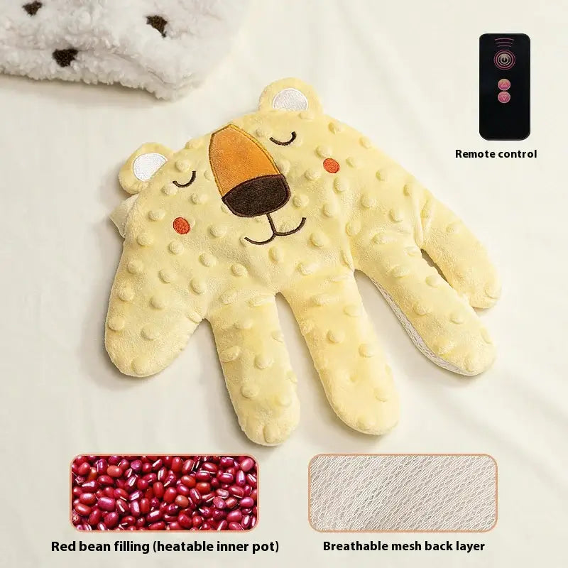 Gentle bear-shaped heating pad with red bean filling and remote control for soothing warmth and comfort.