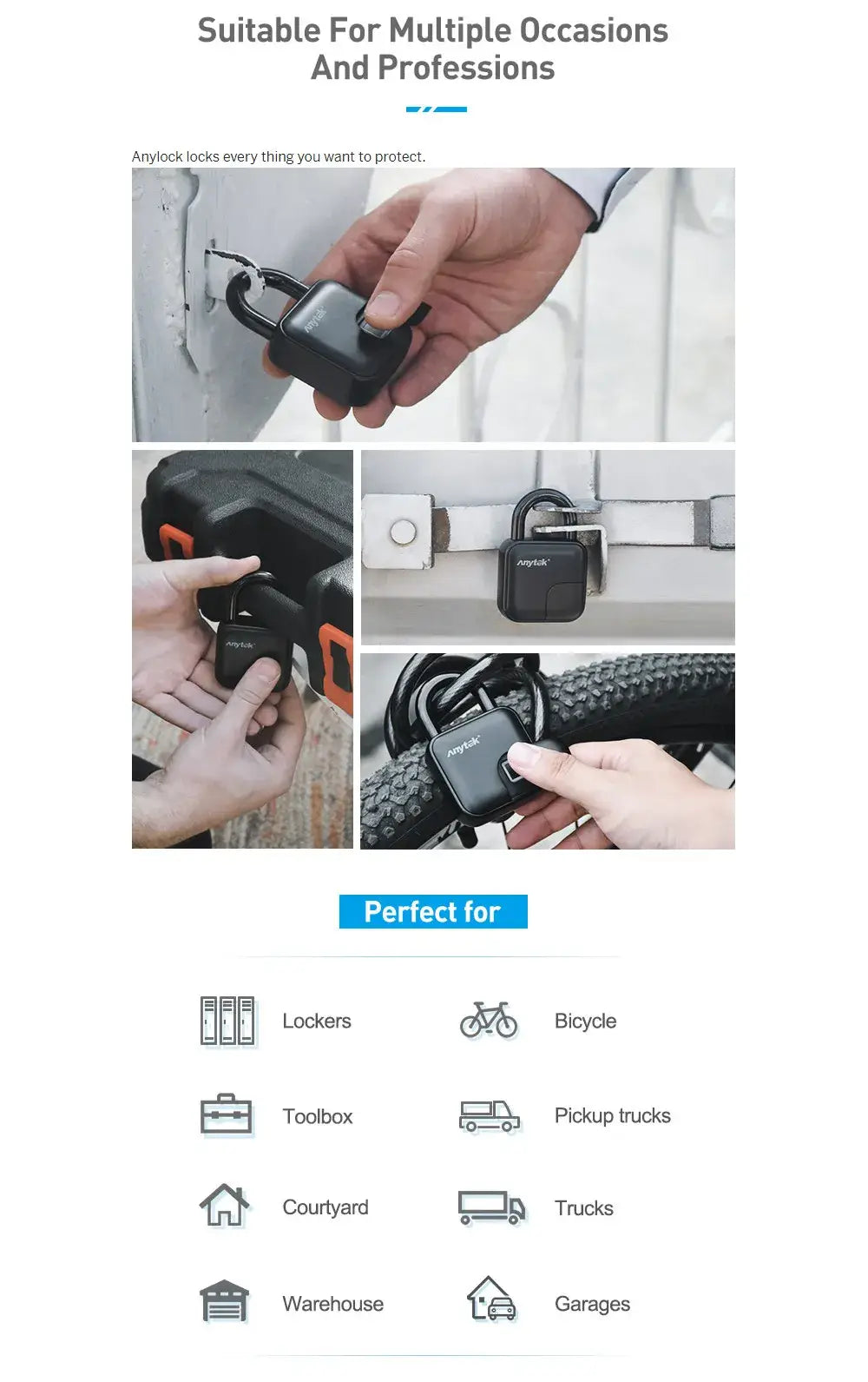 SmartKey L3 BioSecure Padlock shown in use for lockers, bicycles, toolboxes, and garages, emphasizing versatility and security.
