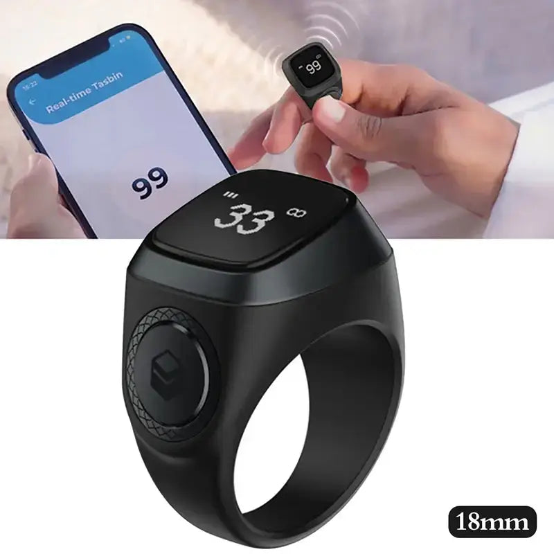 Digital Dhikr Smart Ring connecting via Bluetooth, displaying real-time Tasbih count on smartphone.