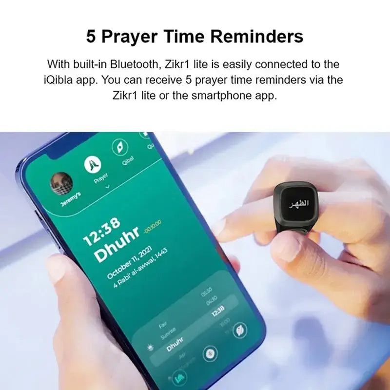 Smart ring displaying prayer time reminders via the iQibla app, showcasing its Bluetooth connection features.