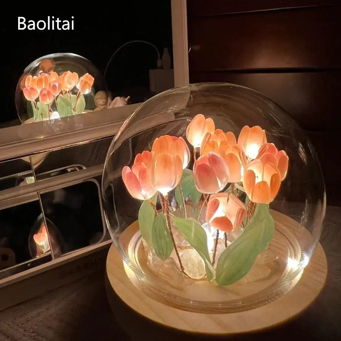 Artisanal tulip desk lamp with glowing tulip flowers under a glass dome, adding vintage charm to any room.