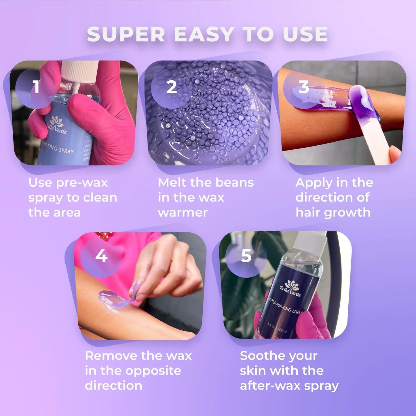 Step-by-step guide to using a waxing kit with pre-wax spray, melting beans, and after-wax spray.
