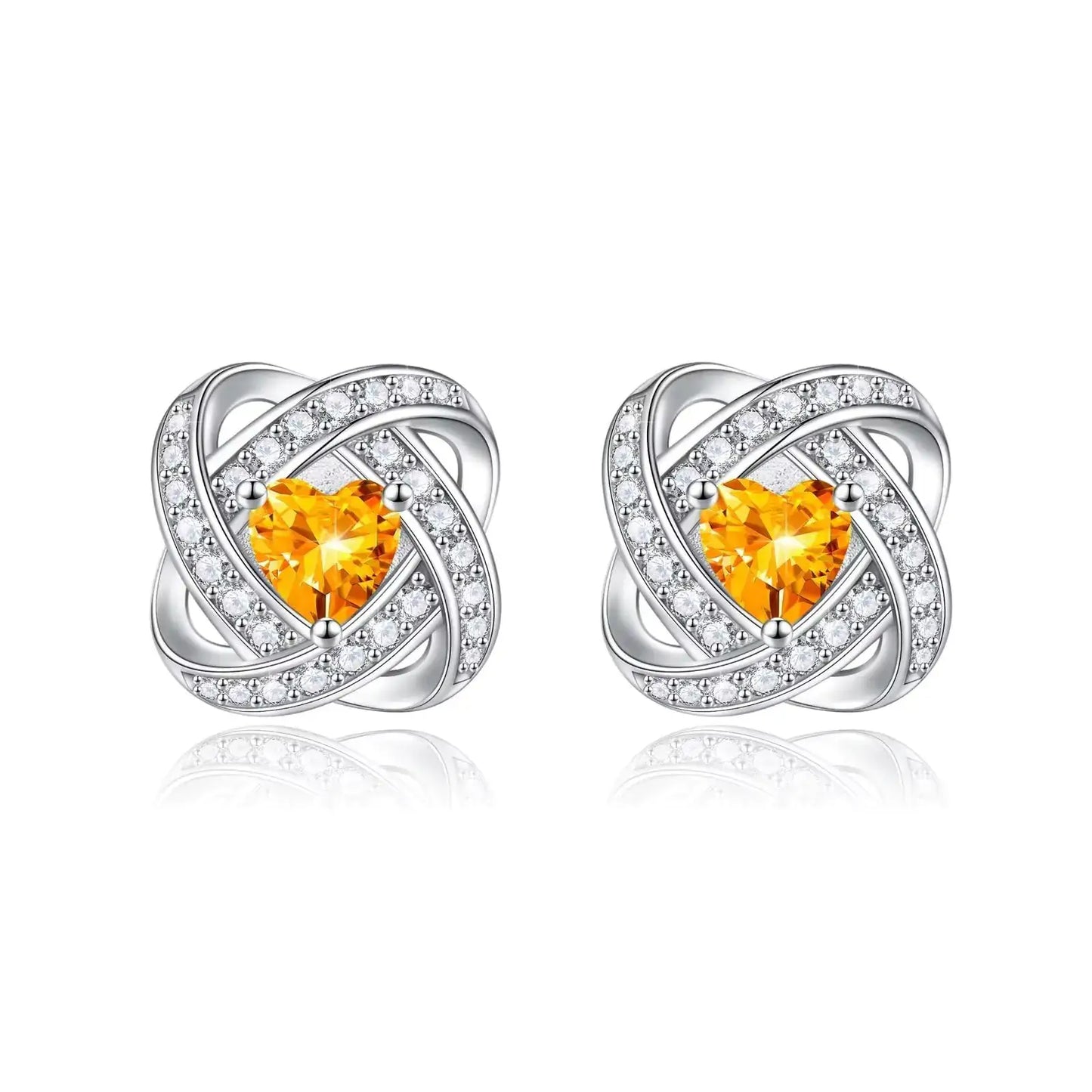 November Citrine Heart Studs in Sterling Silver with cubic zirconia accents, elegant love knot design.