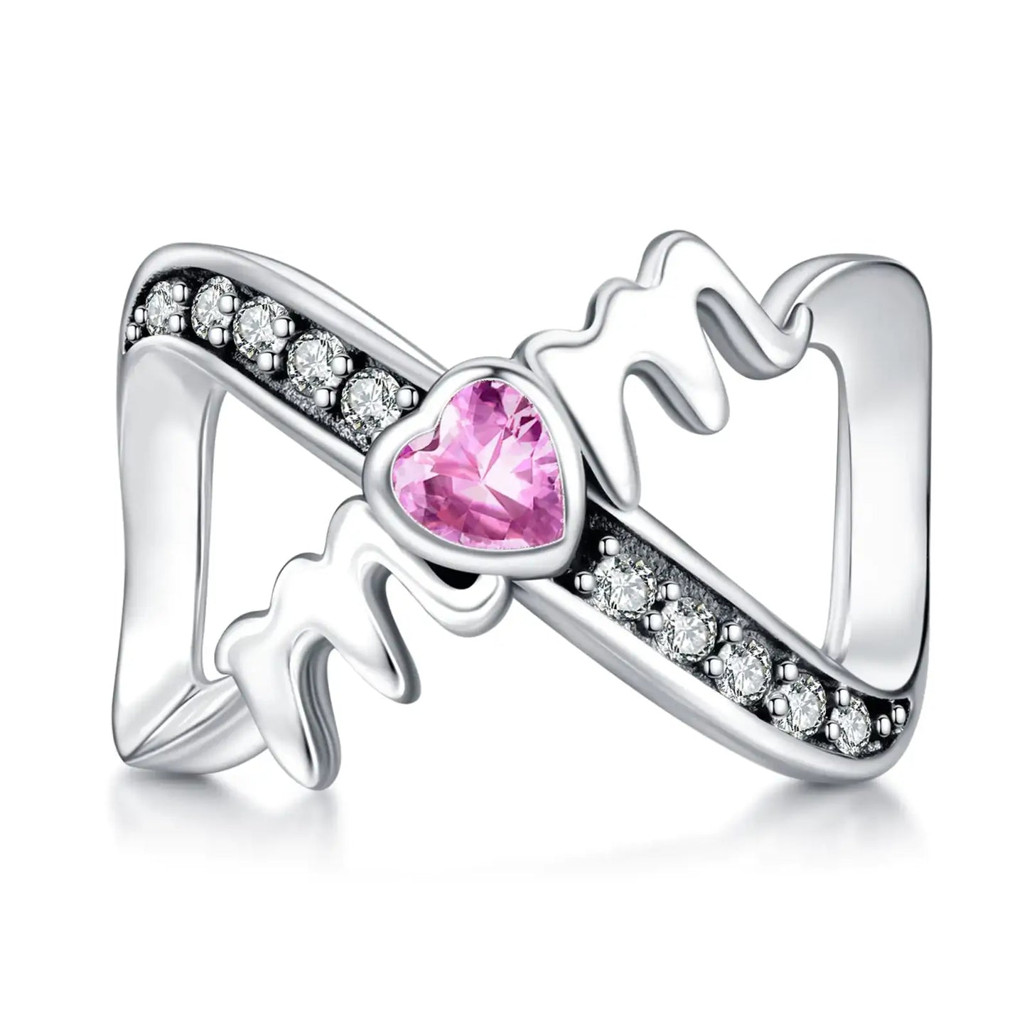 Elegant 925 sterling silver charm bracelet featuring a pink heart and sparkling stones, perfect for gifting.