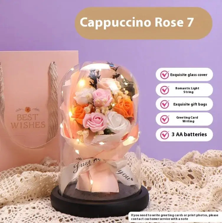 Cappuccino Rose 7 display with LED lights, glass dome, and exquisite floral arrangement for elegant decor.