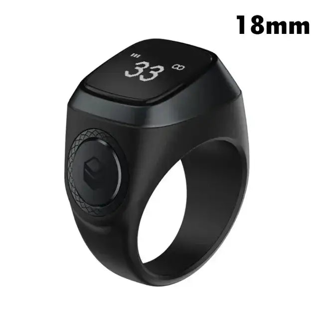 Black Digital Dhikr Smart Ring with display for tracking dhikr, measuring 18mm, modern design for spiritual practice.