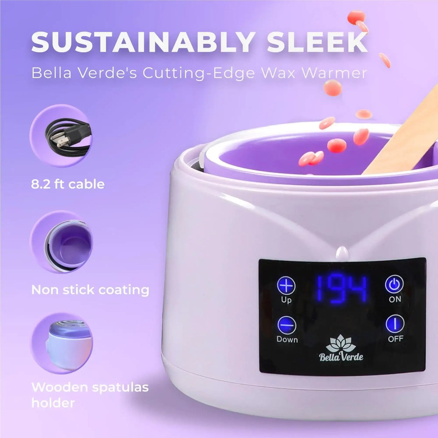 Bella Verde wax warmer with digital display, 8.2 ft cable, non-stick coating, and wooden spatula holder for efficient hair removal.