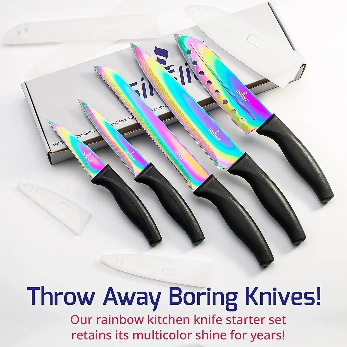 Colorful 5-piece kitchen knife set with sharpener and magnetic holder for safe storage.
